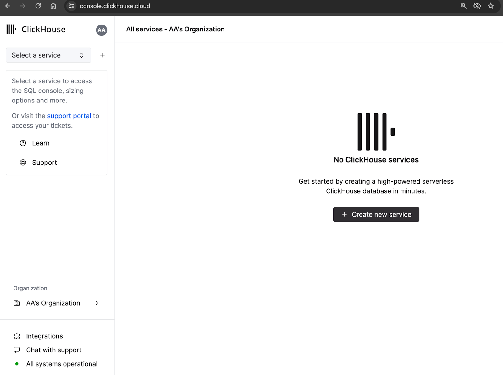 Страница новых сервисов ClickHouse Cloud