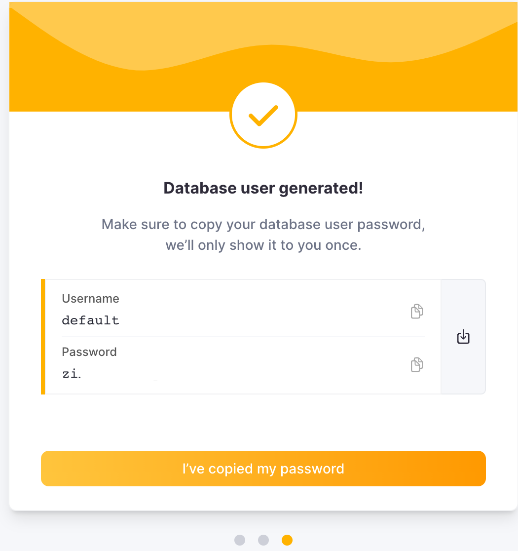 Экран учетных данных ClickHouse Cloud с именем пользователя и паролем