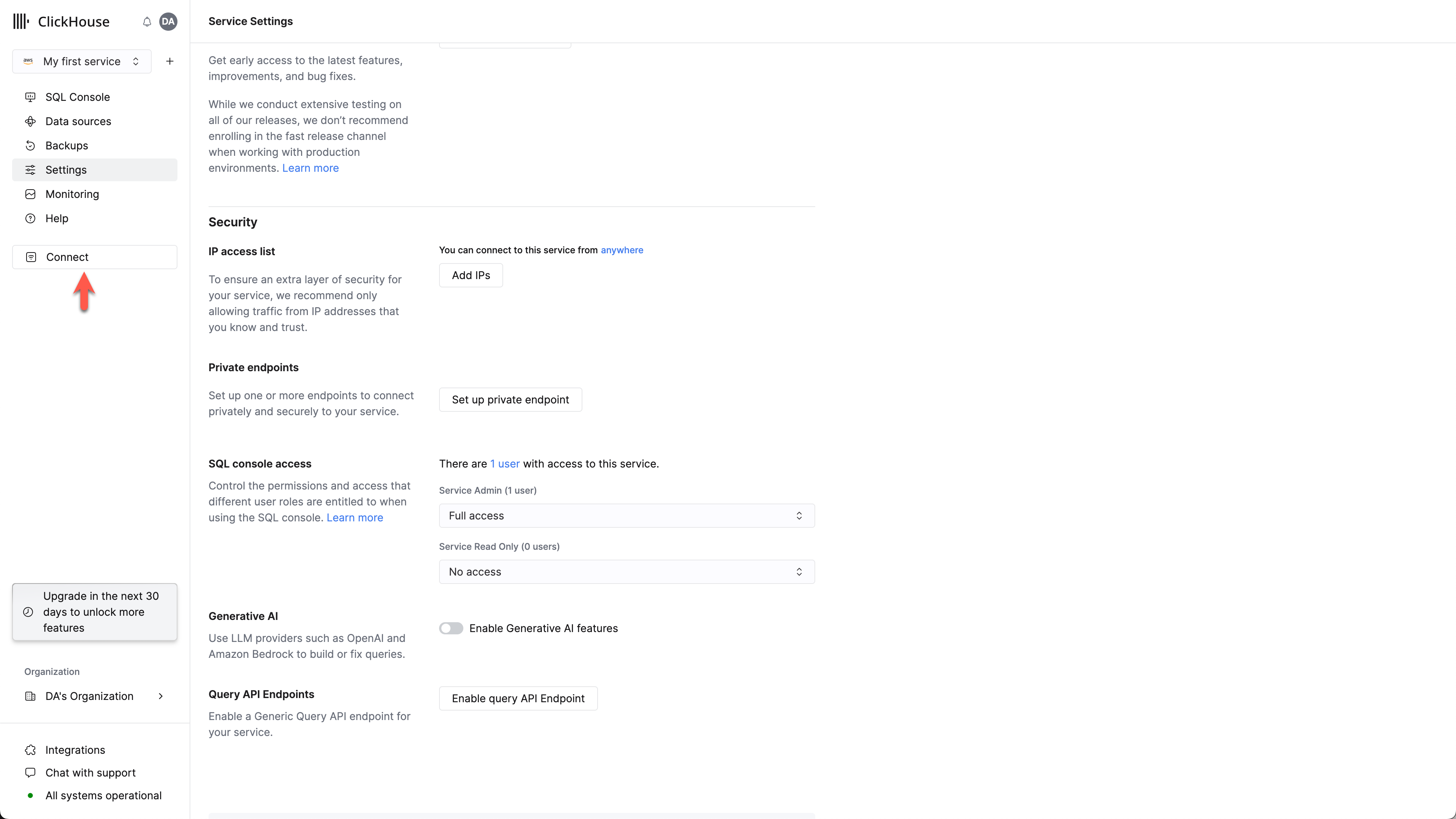 Экран подключения сервиса ClickHouse Cloud с выделенной опцией Connect